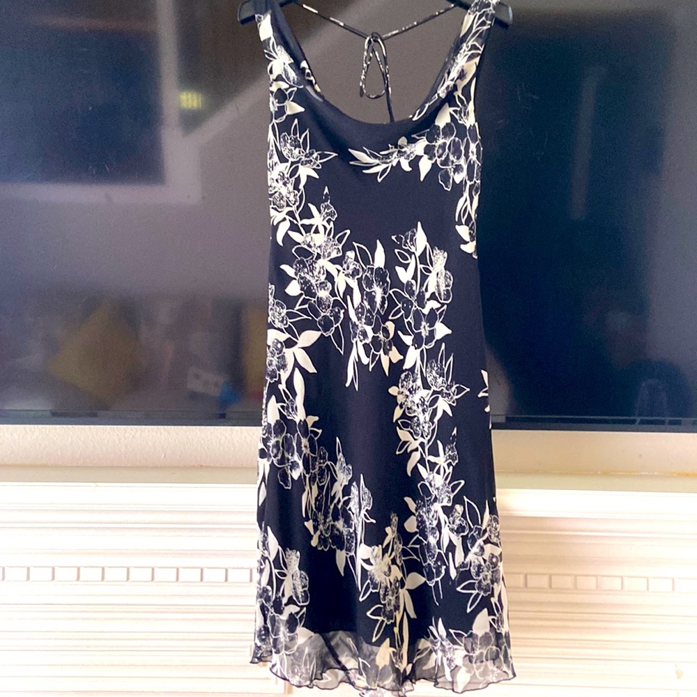 SILK FLORAL BLACK WHITE PRINT SLEEVELESS COWL NECK MIDI DRESS